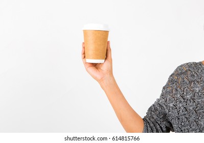 Women Hand Holding Disposable Coffee Cup Isolated On White Background.