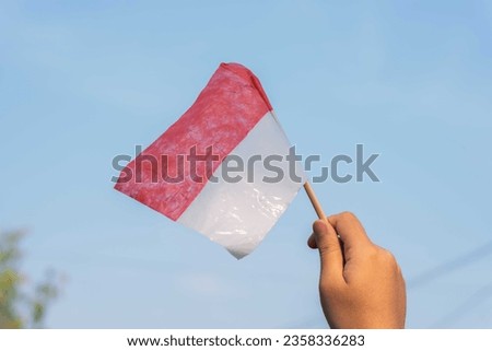 Women hand holding miniature of Indonesia flag with blue sky above