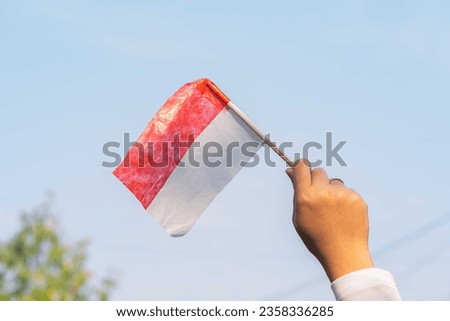 Women hand holding miniature of Indonesia flag with blue sky above