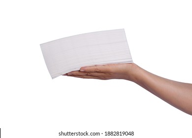 Women Hand Holding Paper Towel Isolated On White Background.