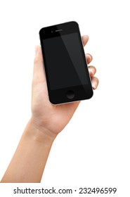Women hand holding phone action over white background - Shutterstock ID 232496599