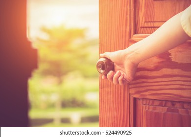 Women Hand Open Door Knob Or Opening The Door.