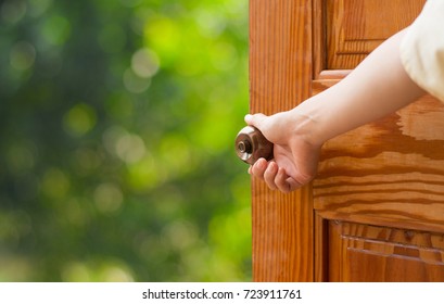 Women Hand Open Door Knob Or Opening The Door.