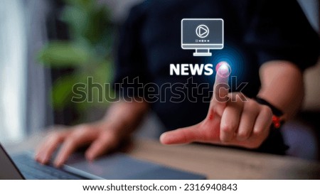 Women hand presses the play button with the news text. Broadcasting, publishing, or watching the latest news concept.
