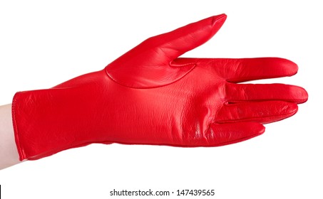 Women Hand In Red Leather Glove Isolated On White