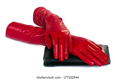 Women Hand In Red Leather Glove Isolated On White 