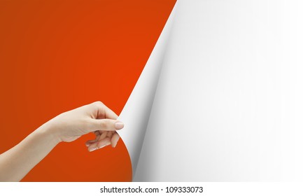 Women Hand Turns Red Page On White Background