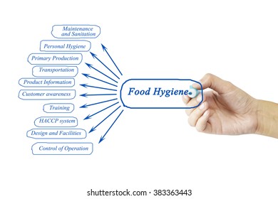 Women Hand Writing Element Of Food Hygiene Principle Concept For Use In Manufacturing(Training And Presentation)