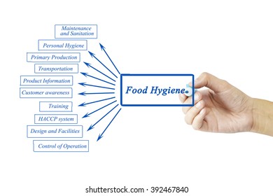 Women Hand Writing Element Of Food Hygiene Principle Concept For Use In Manufacturing(Training And Presentation)