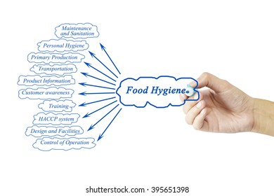 Women Hand Writing Element Of Food Hygiene Principle Concept For Use In Manufacturing(Training And Presentation)