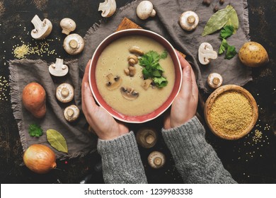 Women Hands In A Gray Sweater Holding A Bowl Of Cream Of Mushroom Soup. Hot Winter Soup On A Dark Rustic Background. Top View, Flat Lay