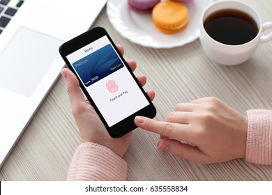 Women Hands Holding Phone With Debit Card And App Touch Pay 