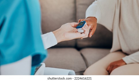 Women, Hands And Nurse In Pulse Oximeter Check In Nursing Home Or House Living Room For Heart Cardiology Wellness. Zoom, Healthcare Worker And Patient Blood Oxygen Test For Life Insurance Management