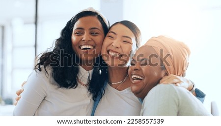 Women, happy and hug with celebration and team, diversity and success in presentation and collaboration. Solidarity, trust and business people, happiness and win in successful business meeting.
