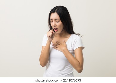 Women have throat irritation, mucus and coughing. Fever headache respiratory tract infection. Female unhealthy Sickness need to consult a doctor and get treatment. On isolated white background. - Shutterstock ID 2141076693