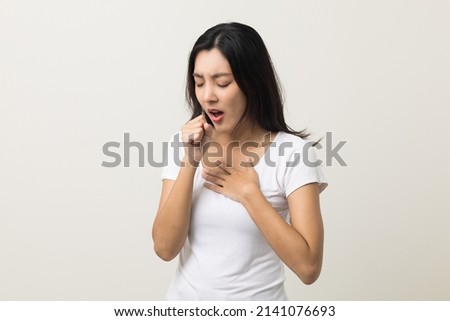 Women have throat irritation, mucus and coughing. Fever headache respiratory tract infection. Female unhealthy Sickness need to consult a doctor and get treatment. On isolated white background.