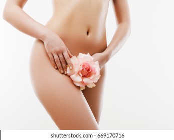 Women Health And Intimate Hygiene. Beautiful Woman's Body With Smooth Soft Skin With Flower. Epilation Concepts