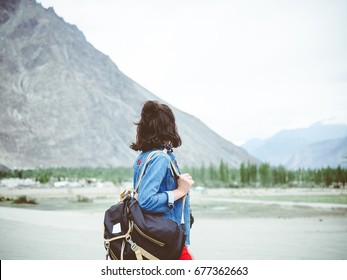 Women With Her Backpack Ready For Solo Travel In Nubra Valley Ladakh India