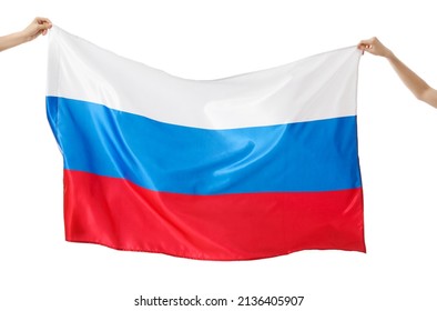 Women Holding Russian Flag On White Background, Closeup