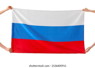 Women Holding Russian Flag On White Background, Closeup