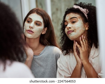 Women, home skincare or face mask bonding in house, bathroom or hotel for spa wellness, girls hospitality or healthcare grooming. Friends, people or beauty facial product for luxury wellness cleaning - Powered by Shutterstock