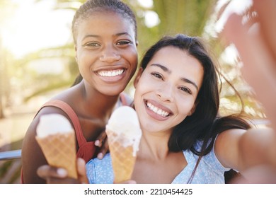 Women, Ice Cream Or Selfie In Summer Travel, Holiday Or Vacation In Miami Florida. Zoom, Happy Or Smile Portrait Of Friends Or Fashion Students Pov For Social Media Photograph With Sweet Dessert Food