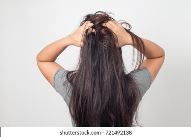 Women Itching Scalp Damaged Hair, Haircare Concept.