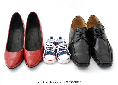 Women, kid, and men shoes on white background, family concept