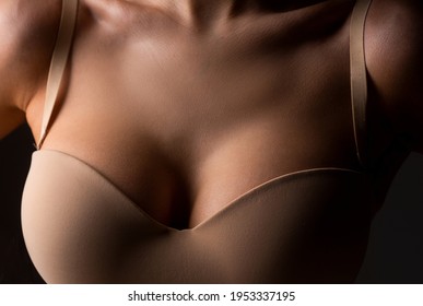 Women with large breasts. Sexy breas, boobs in bra, sensual tits. Beautiful slim female body. Lingerie model. Closeup of sexy female boob in bra