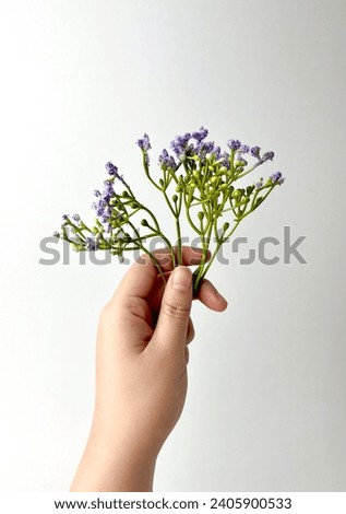 Women left hand with light skin tone holding fake beautiful artificial purple flower with green leaves isolated on vertical plain background.
