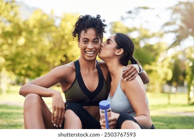 Women, lesbian and kiss for fitness outdoor with hug from yoga exercise, peace wellness and zen support. Smile, lgbtq couple and embrace of pilates break, mindfulness and love at park together - Powered by Shutterstock