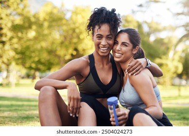 Women, lesbian and portrait for fitness outdoor with hug from yoga exercise, peace wellness and hug support. Smile, lgbtq couple and embrace of pilates break, mindfulness and love at park together - Powered by Shutterstock