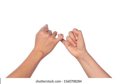 Women and man hands hook pinky fingers together to promise,Loving couple holding little fingers,Romantic moment hand in hand concept,isolated on white background