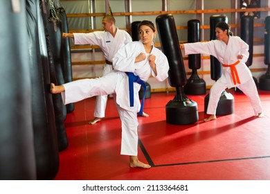 Women and man in kimono exercising with punching bags in gym during karate training. - Powered by Shutterstock