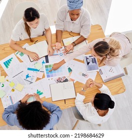 Women Marketing Or Advertising Team Planning A Work Strategy At A Table In A Startup Company. Diversity, Collaboration And Teamwork In A Office, Support Creative Idea Or Growth With Staff In Business