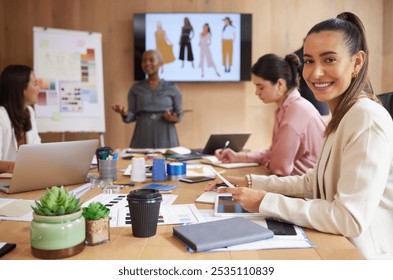 Women, meeting and fashion talk with collaboration, teamwork and presentation, style and office. Clothing, production and planning with textile and tech for manufacturing strategy and trend forecast - Powered by Shutterstock