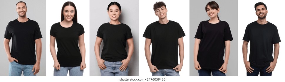 Women and men in black t-shirts on different color backgrounds. Collage of photos