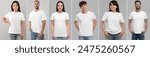 Women and men in white t-shirts on grey background. Collage of photos