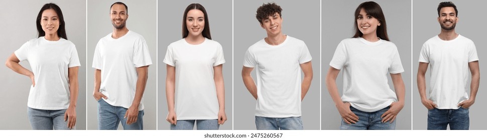 Women and men in white t-shirts on grey background. Collage of photos