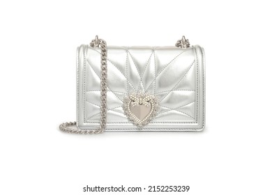 Women Metallic Silver Leather Bag Handbag Crossbody With Heart Chain Strap Isolated On White Background In Front