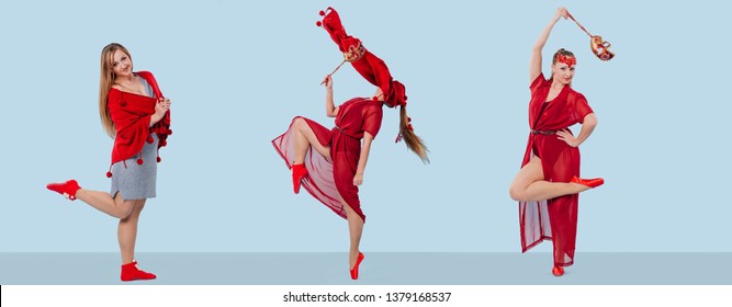 Women Metamorphosis, Different Clothes In Red, And Mask, Collage, Concept - Same Woman In Different Style Clothes, Isolated Blue Background