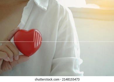 women people holding red heart with white heartbeat, heart checking, annual health checking.