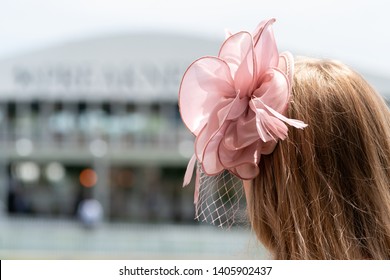 A Women In A Pink Lace Hat At A Horse Race.