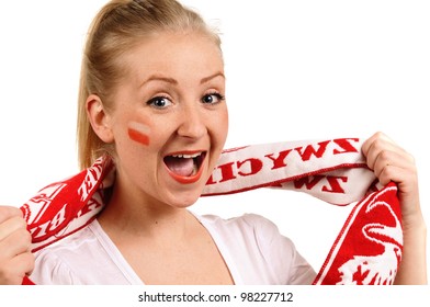 Women - Polish Soccer Fan. Dressed In Polish National Color And Scarfs.