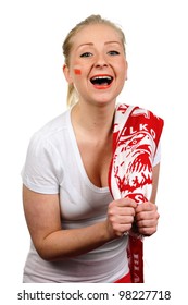 Women - Polish Soccer Fan. Dressed In Polish National Color And Scarfs.