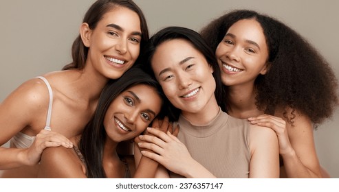 Women, portrait and beauty, diversity and happy with wellness, dermatology and friends isolated on studio background. Unique skin, natural cosmetics and inclusion with skincare, smile and antiaging - Powered by Shutterstock