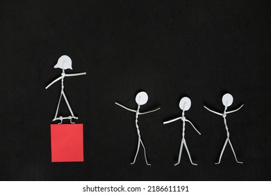 Women Power And Female Leadership Concept. Woman Stick Figure As Leader.