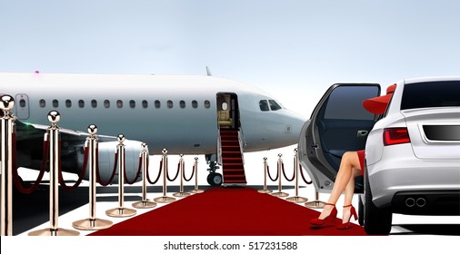 Women In Red Getting Ready To Boarding A Private Plane