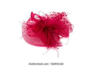 Women In Red Hat With A Veil. Red  Hair Accessory With Feather. Fancy, Party Hat. Isolated On White Background. Closeup.