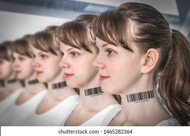 A lot of women in a row with barcode on neck - genetic clone concept
